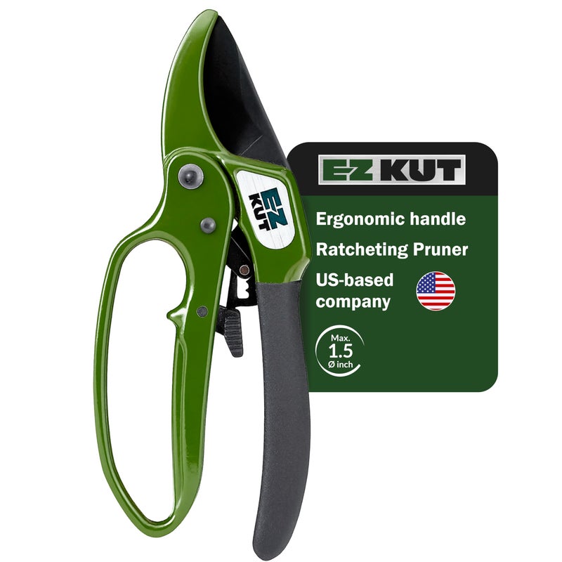 EZ Kut Heavy Duty Pruning Shears Green - with Ratcheting Action Great Garden Hand Tool Clippers Gardening pruners arthritis tools Ratcheting Anvil Hand Pruner Pruning Shears Heavy Duty Since 1988 - Image 1
